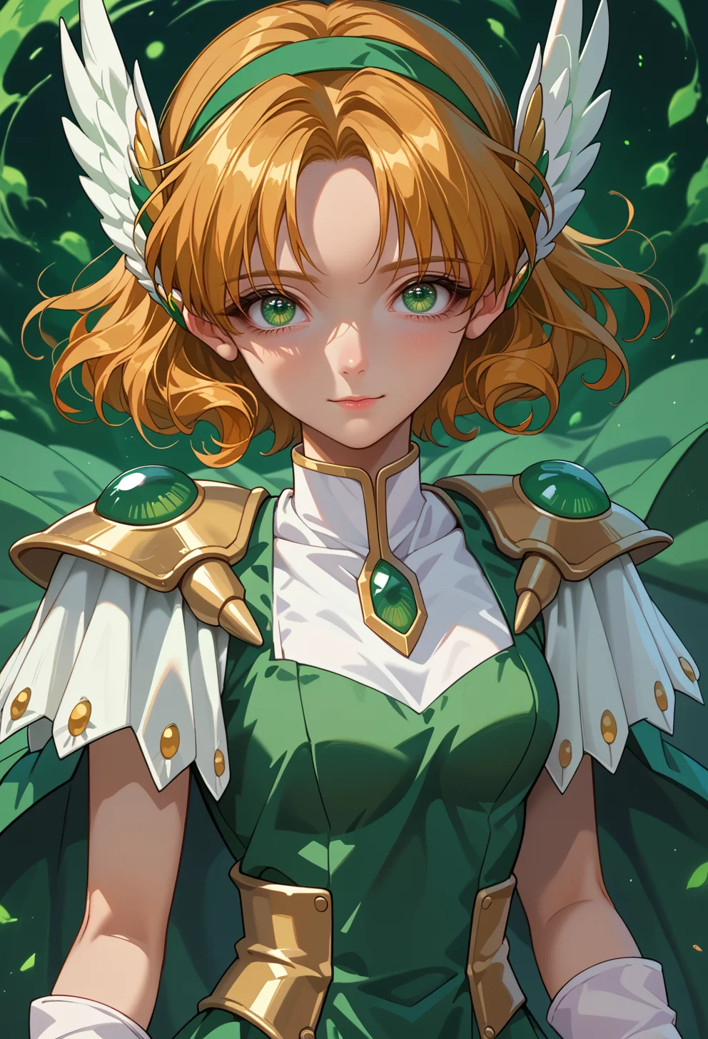 score_9, score_7_up, source_anime, solo, BREAK <lora:AEFuu-000009:0.9>
AEFuuFinal, armored dress, green cape, elbow gloves, gem, green dress, green gemstone, hair ornament, head wings, pauldrons, sleeveless, white footwear, white gloves, wing hair ornament,
light smile,