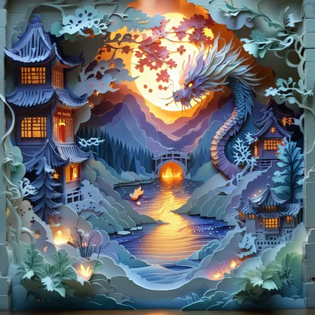 lake, snow, lantern, dragon, nose, cutting art, bird, blonde hair, realistic, whiskers, east asian architecture, sun