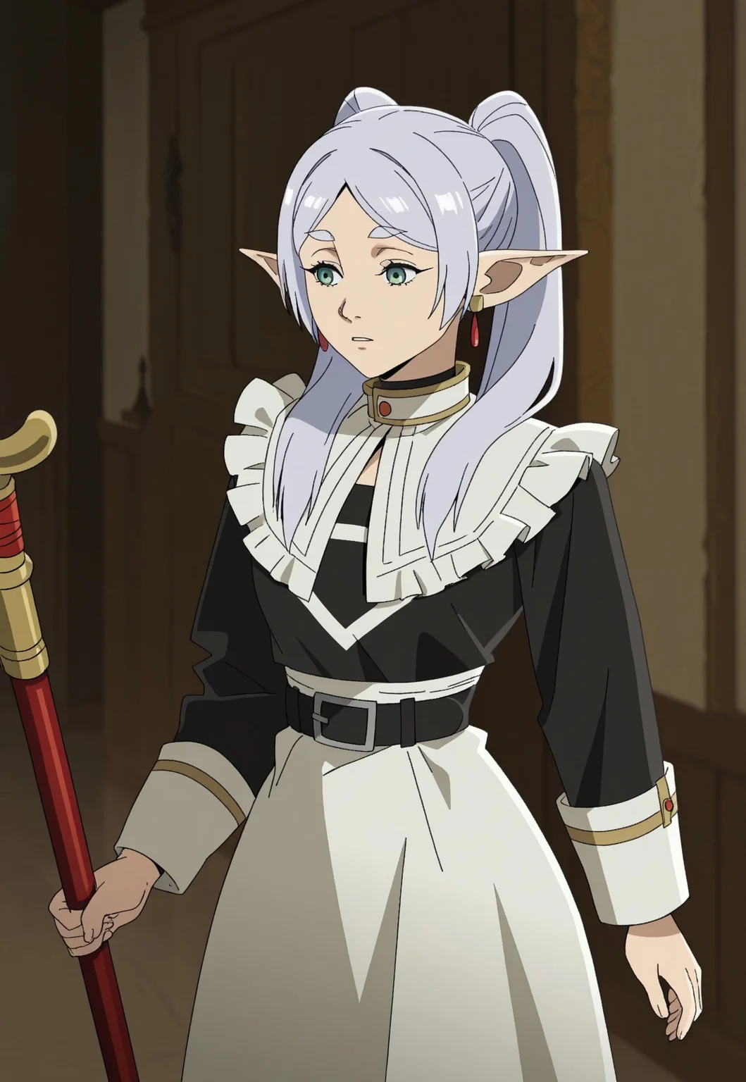 NDAA Style, solo, maid outfit, 1girl, frieren,