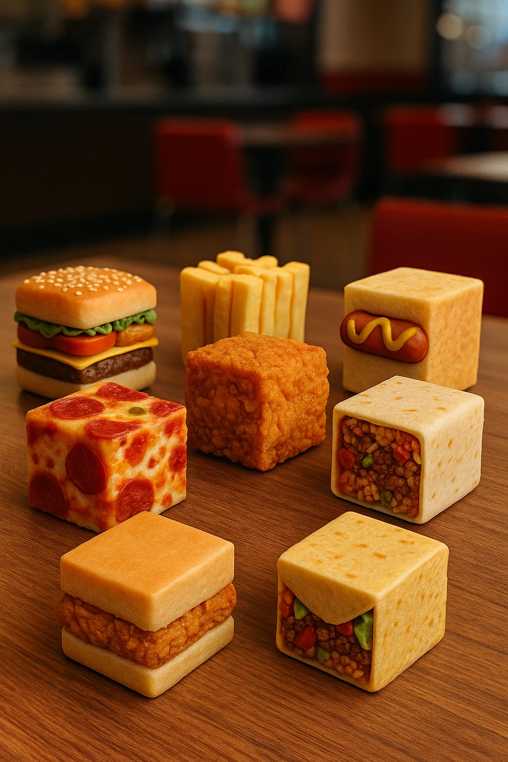 burgers, french fries, hotdogs, pizza, fried chicken, burrito, chicken sandwhich, taco, all in cube form, all cubes are the same size and are each unique, on a table, close-up, with depth of field and blurry background in a fast food restaurant 