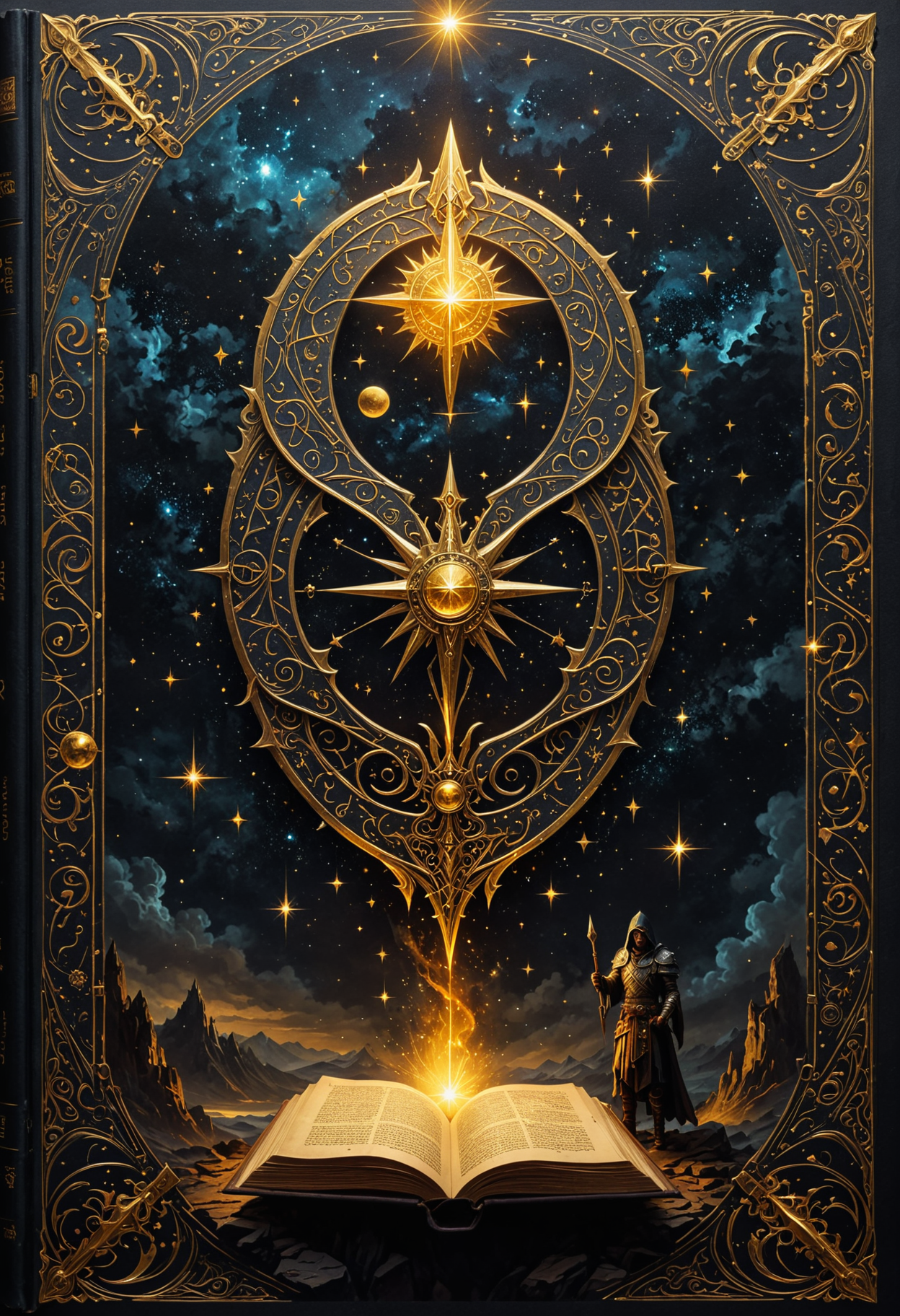 1970âs dark fantasy book, cover paper art dungeons and dragons, style drawing of a shadow starry skies, golden color, runes, dark theme, Perfect composition, masterpiece, best quality, 8K Ultra HD, Better hand.
OverallDetailXL <lora:SDXLFaeTastic2400:0.4> <lora:DetailMaximizer:0.55> detailmaximizer