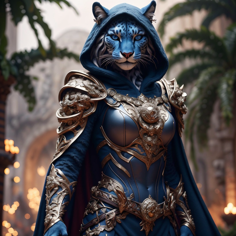 RAW photo, (masterpiece:1.3), subsurface scattering, heavy shadow, (high quality:1.4), (intricate, high detail:1.2), professional photography, HDR, High Dynamic Range, realistic, ultra realistic, photorealistic, high resolution, film photography, ambient lighting, atmospheric effects, <lora:detail_slider_v4:2>, OverallDetail,  <lora:Catfolk:1>, 1girl, animal, armor, blue eyes, blurry background, boots, cape, catfolk, cup, furry, furry male, holding weapon, hood, long hair, looking at viewer, male focus, nature, plant, solo, solo focus, standing, tail, upper body, epiCPhoto