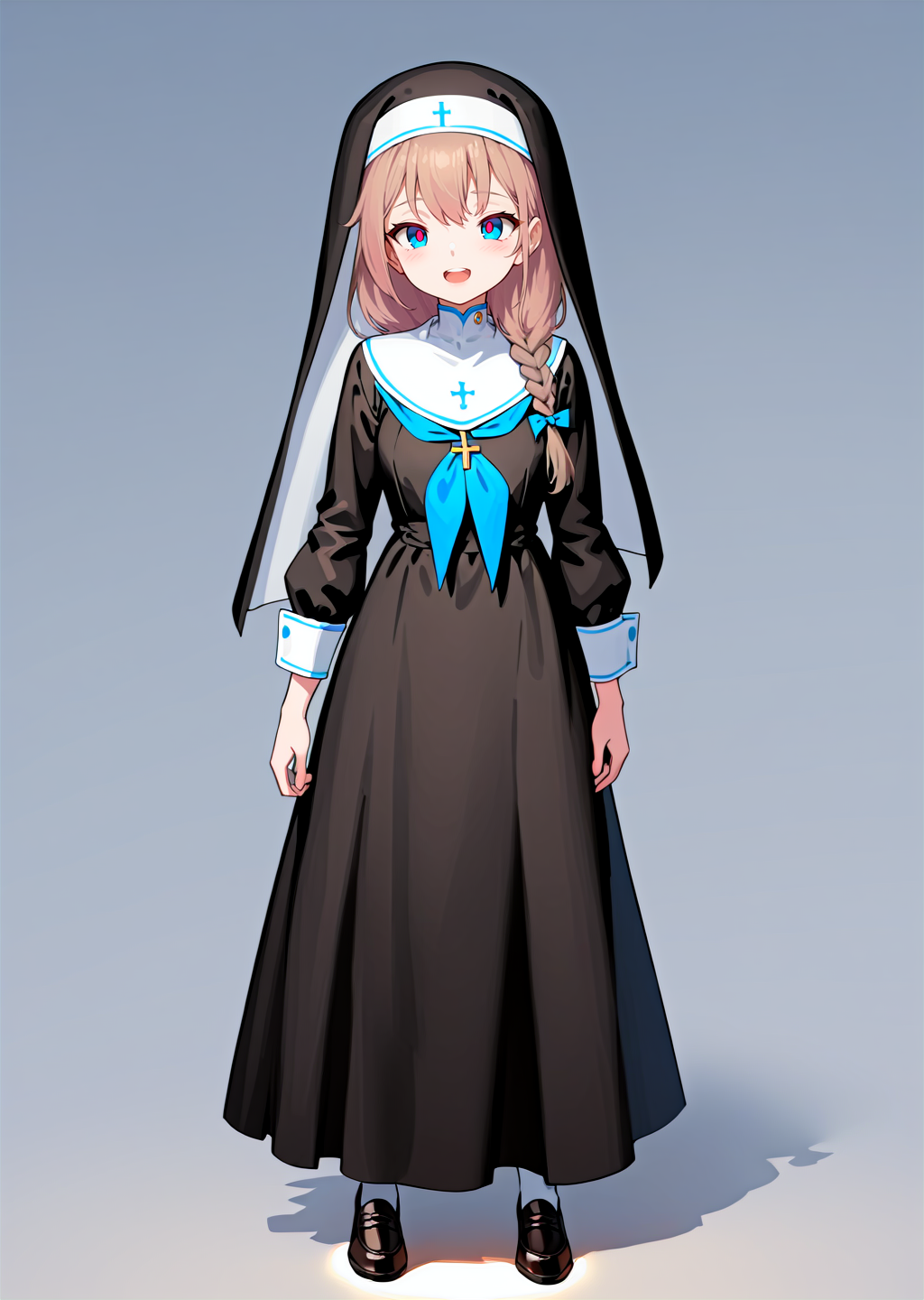 (best quality, masterpiece:1.2),
full body, 
1girl, solo,
petite, braid, 
brown hair, hair ribbon, looking at viewer, 
blue eyes, red pupils,
nun, black dress, long dress,
white legwear, black loafers, 
standing, 
highres,sharp focus,Professional,Impasto,
front view, wide shot, 
reality_ray_tracing,ambient_light,
simple background, grey background, 
<lora:ASYLJ77-000009-XL-02:0.9>