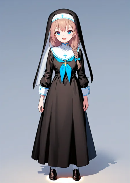 (best quality, masterpiece:1.2),
full body,
1girl, solo,
petite, braid,
brown hair, hair ribbon, looking at viewer,
blue eyes, red pupils,
nun, black dress, long dress,
white legwear, black loafers,
standing,
highres,sharp focus,Professional,Impasto,
front view, wide shot,
reality_ray_tracing,ambient_light,
simple background, grey background,
<lora:ASYLJ77-000009-XL-02:0.9>