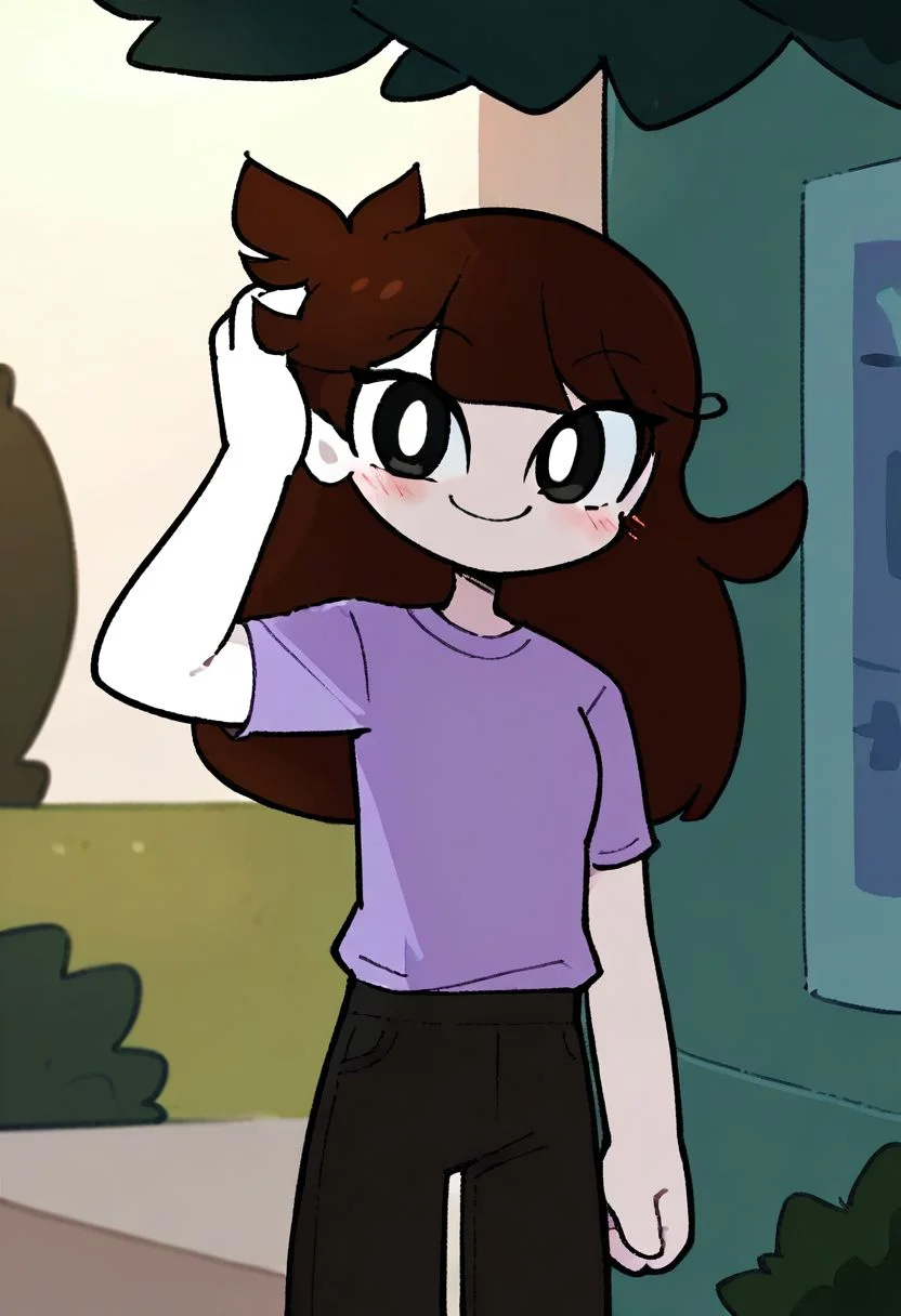 jaiden, 1girl, purple shirt, long hair, solo, brown hair, flat color, short sleeves, white skin, grey pants, black eyes,looking at viewer, scratching head,smile,blush, outside, score_9, score_8_up, score_7_up, score_6_up, powerpuff