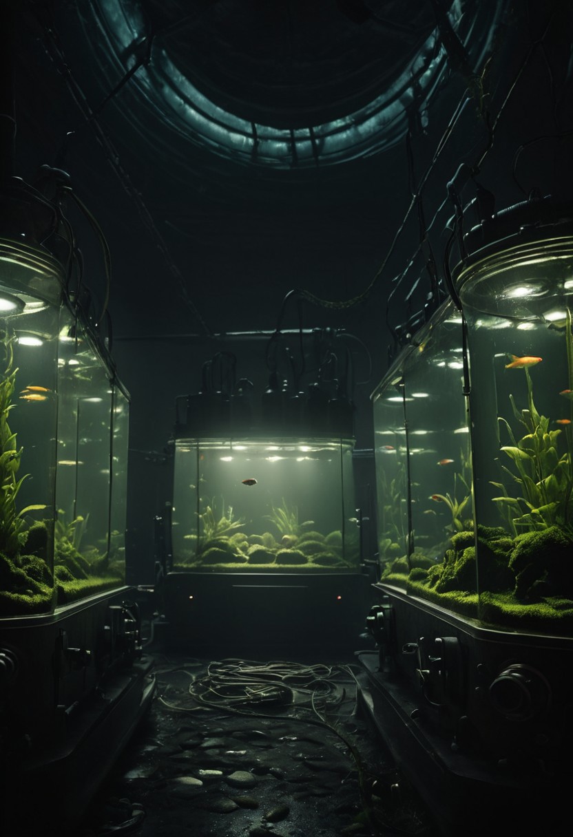 stasis tank with fishes and algae, backlight, a dark eerie laboratory background, cables, bubbles, cyberpunk, closeup portrait, atmospheric haze, Film grain, cinematic film still, shallow depth of field, highly detailed, high budget, cinemascope, moody, epic, OverallDetail, gorgeous, 2000s vintage RAW photo, photorealistic, candid camera, color graded cinematic, eye catchlights, atmospheric lighting, skin pores, imperfections, natural, shallow dof, deep blacks, high monochrome contrast,