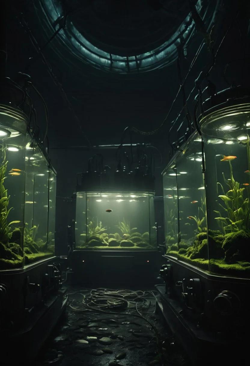 stasis tank with fishes and algae, backlight, a dark eerie laboratory background, cables, bubbles, cyberpunk, closeup portrait, atmospheric haze, Film grain, cinematic film still, shallow depth of field, highly detailed, high budget, cinemascope, moody, epic, OverallDetail, gorgeous, 2000s vintage RAW photo, photorealistic, candid camera, color graded cinematic, eye catchlights, atmospheric lighting, skin pores, imperfections, natural, shallow dof, deep blacks, high monochrome contrast,