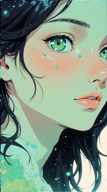 an anime-style illustration of a woman with striking green eyes and long dark hair her expression is serene and slightly melancholic with her mouth slightly open as if she is about to speak or sing there are small blue droplets on her face adding to the dreamy quality of the image the background features abstract shapes and colors including shades of green and blue which complement the overall color palette of the illustration the lighting highlights the contours of her face and hair creating a soft and ethereal atmosphere
j_art, anime, anime art, <lora:FLUX\jul\J_Anime:1.0>, <lora:FLUX\Anime Art V3:0.1>, <lora:FLUX\RM_Artistify_v1.0M:0.1>, <lora:FLUX\RetroAnimeS1.1:0.1>
