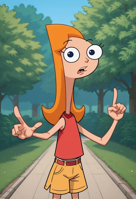 score_9, score_8, score_7, score_6, rating_questionable, Candace, 1girl, cartoon, orange hair, tan shorts, red shirt, in a park, pointing at the viewer