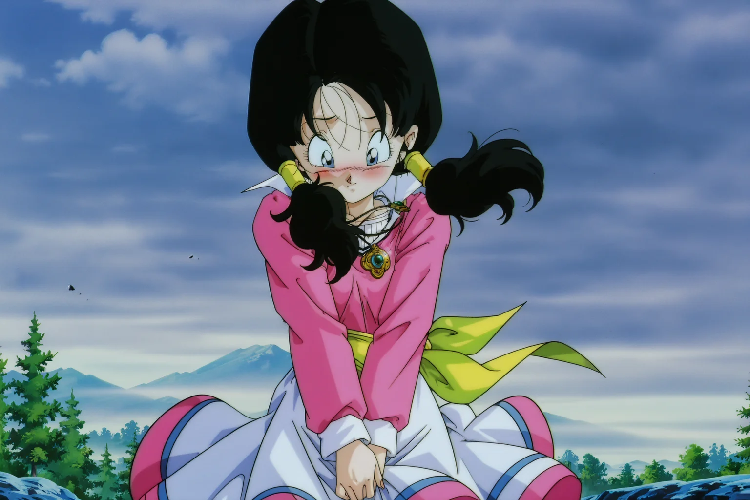 anime screencap, masterpiece, best quality, amazing quality, very aesthetic, absurdres, newest, (scenery, volumetric lighting), official style,
videl, twintails, long hair, black hair, hair tubes, blue eyes,
1990s \(style\), anime coloring, retro artstyle,
movie costume, 1girl, solo, looking down, embarrassed, blue eyes, eyelashes, necklace, amulet, collar up, pink dress, multi tone clothing, long sleeves, white undershirt, white skirt, yellow sash, fingernails, raised eyebrows, cowboy shot, covering crotch, floating clothes, blush, tree, mountainous horizon, rock, fog, cloudy sky, outdoors, day
<lora:Videl_IL_v2:0.8>