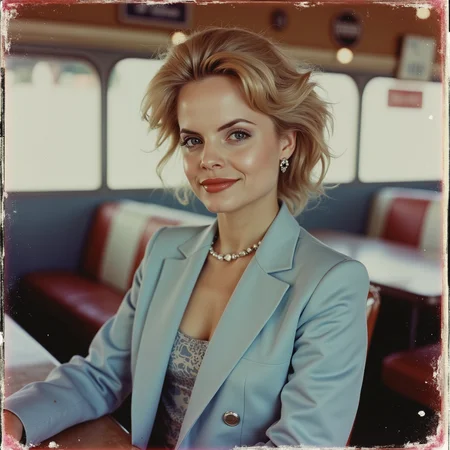 Faded Polaroid Photo, analog film photo gothic style captured with a Leica M6, flash photography enhanced with retro grain, a beautiful young woman wearing a pastel blue 1980s fancy women's suit. portrait in a 1950s diner posing dynamic, slight smile, analog photo <lora:Mena_S-v2p2:0.8> m3n4v2 . dark, mysterious, haunting, dramatic, ornate, detailed . faded film, desaturated, 35mm photo, grainy, vignette, vintage, Kodachrome, Lomography, stained, highly detailed, found footage, analog, old faded photo, old polaroid, RAW candid cinema, 16mm, color graded portra 400 film, remarkable color, ultra realistic, textured skin, remarkable detailed pupils, realistic dull skin noise, visible skin detail, skin fuzz, dry skin, shot with cinematic camera