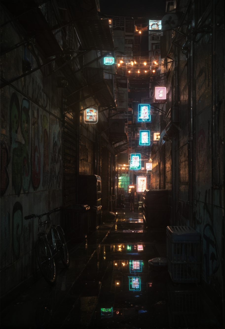 ,ruanyi0866,alley,dark,night,light,outdoors,neon lights,<lora:0866 night road_v1_pony:1>, score_9,score_8_up,score_7_up,,8k,1girl,solo,,