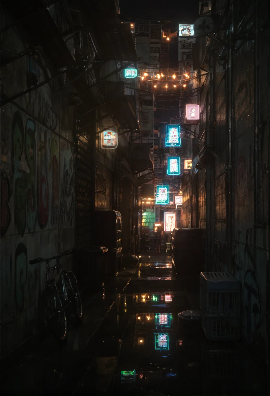 ,ruanyi0866,alley,dark,night,light,outdoors,neon lights,<lora:0866 night road_v1_pony:1>, score_9,score_8_up,score_7_up,,8k,1girl,solo,,