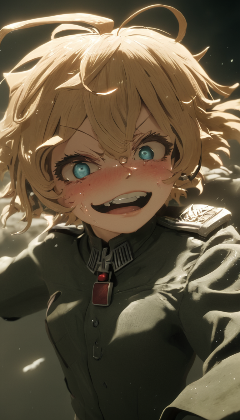 Cinematic scene, hero view, Tanya Degurechaff , Youjo Senki, action pose, detailed background, masterpiece, best quality, high quality, absurdres <lora:tanya_degurechaff_xl_v4:1>, RAW candid cinema, 16mm, color graded portra 400 film, remarkable color, ultra realistic, textured skin, remarkable detailed pupils, realistic dull skin noise, visible skin detail, skin fuzz, dry skin, shot with cinematic camera