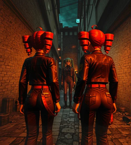 kingpin, masterpiece, best quality, amazing quality,2girls, kasane_teto, hatsune_miku, over_the_shoulder, close-up, shoulder_view, focused_on_another, looking_at_other, street_alley, urban_setting, outdoors, at_night, trash, debris, brick_wall, plaster_wall, cobblestone, street_grime, fire_barrel, ambient_smoke, reflections, gritty_setting, leather_jacket, brown_jacket, black_turtleneck, brown_pants, chain_accessory, black_boots, intense_expression, observing, planning, cinematic_composition, shallow_depth_of_field, volumetric_lighting, blue_lighting, red_lighting, orange_lighting, atmospheric_light, soft_fog, dramatic_shadows, high_detail, hyperrealistic, 3d_render, cinematic_realism, masterpiece, best_quality, absurdres, newest, <lora:dmd2_sdxl_4step_lora:1> <lora:Kingpin_-_Life_of_Crime_Style_E17_DIM16_ILXL_V1.2:0.8>