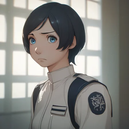 score_9, score_8_up, score_7_up, score_6_up, izana-shinatose, Shidonia-no-Kishi, 1girl, solo, looking at viewer, short hair, blue eyes, black hair, closed mouth, upper body, female focus, indoors, uniform, swept bangs, anime coloring, portrait, frown