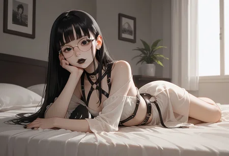 score_9, score_8_up, score_7_up, depth of field, g0thicPXL, glowing, neon, 1girl, solo, masterpiece, perfect face, (asian female), (narrow eyes), round glasses, black hair, long hair, hime cut, black eyes, plump lips, pale skin, flat chested, slim, (tall, lanky), skinny, thin, standing, posing,source_anime, jewelry, upper class, expensive brands, body harness, multiple necklaces, tight clothes,  having fun, pale skin, slender,  slim, narrow waist, proud, looking at viewer, bare belly, (highly detailed, anime style), looking at viewer, beautiful face, puffy lips, narrow waist, pleasure face, black lipstick, lying sexy in a bed, gamer bedroom, neon colors,  messy bedroom. full body view. Dynamic pose.