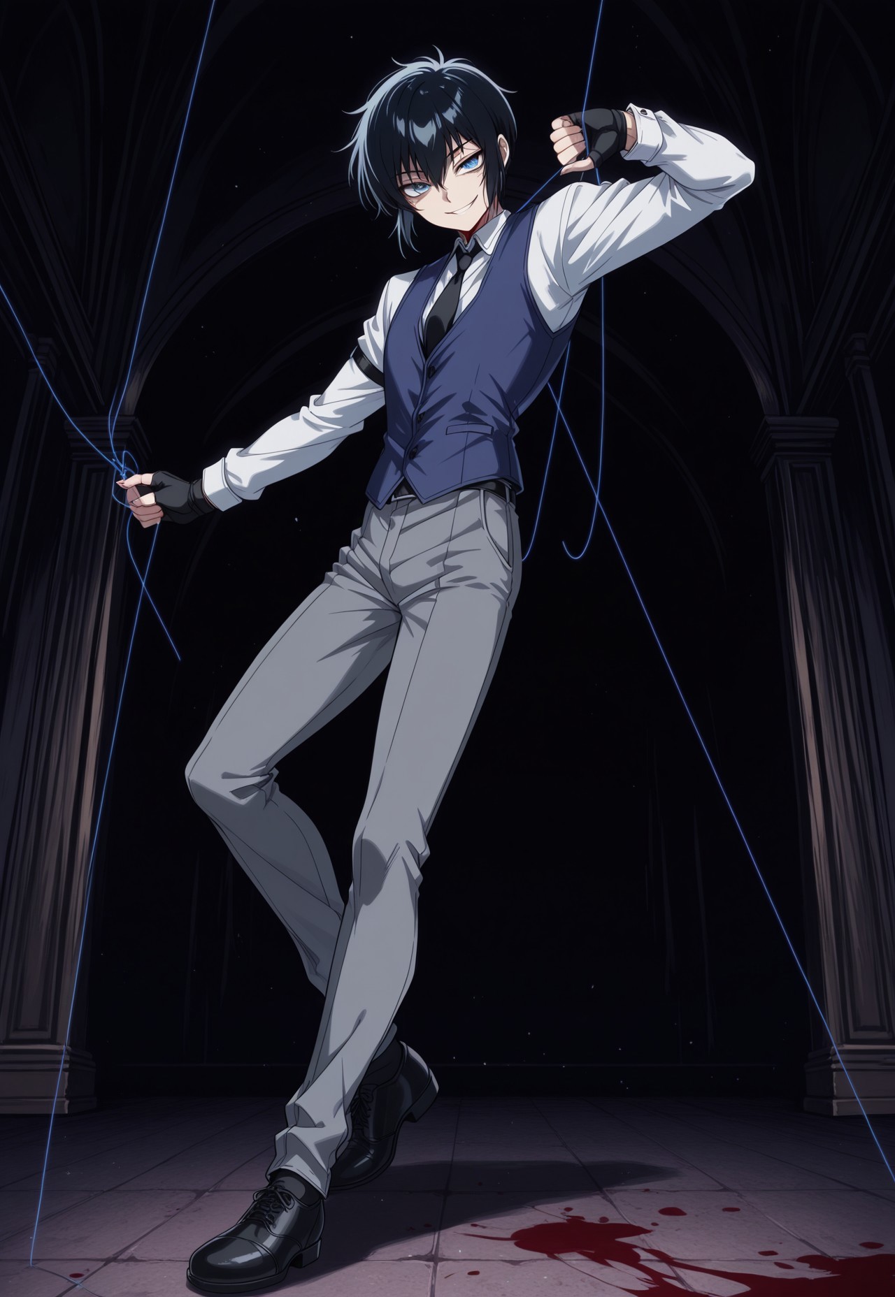 safe_pos, score_9, score_8_up, score_7_up, masterpiece, best quality, YoungWalter, solo, 1boy, male focus, black hair, short hair, blue eyes, white shirt, black necktie, blue vest, black gloves, fingerless gloves, grey pants, black shoes, full body, evil smirk, dynamic pose, thread, string, garrote, blood on floor, perspective, indoors, manor