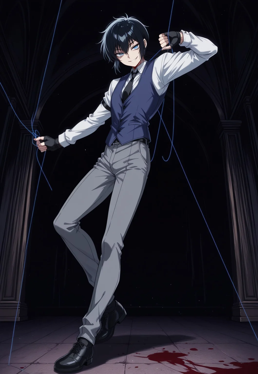 safe_pos, score_9, score_8_up, score_7_up, masterpiece, best quality, YoungWalter, solo, 1boy, male focus, black hair, short hair, blue eyes, white shirt, black necktie, blue vest, black gloves, fingerless gloves, grey pants, black shoes, full body, evil smirk, dynamic pose, thread, string, garrote, blood on floor, perspective, indoors, manor