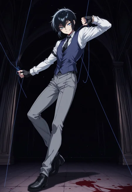 safe_pos, score_9, score_8_up, score_7_up, masterpiece, best quality, YoungWalter, solo, 1boy, male focus, black hair, short hair, blue eyes, white shirt, black necktie, blue vest, black gloves, fingerless gloves, grey pants, black shoes, full body, evil smirk, dynamic pose, thread, string, garrote, blood on floor, perspective, indoors, manor