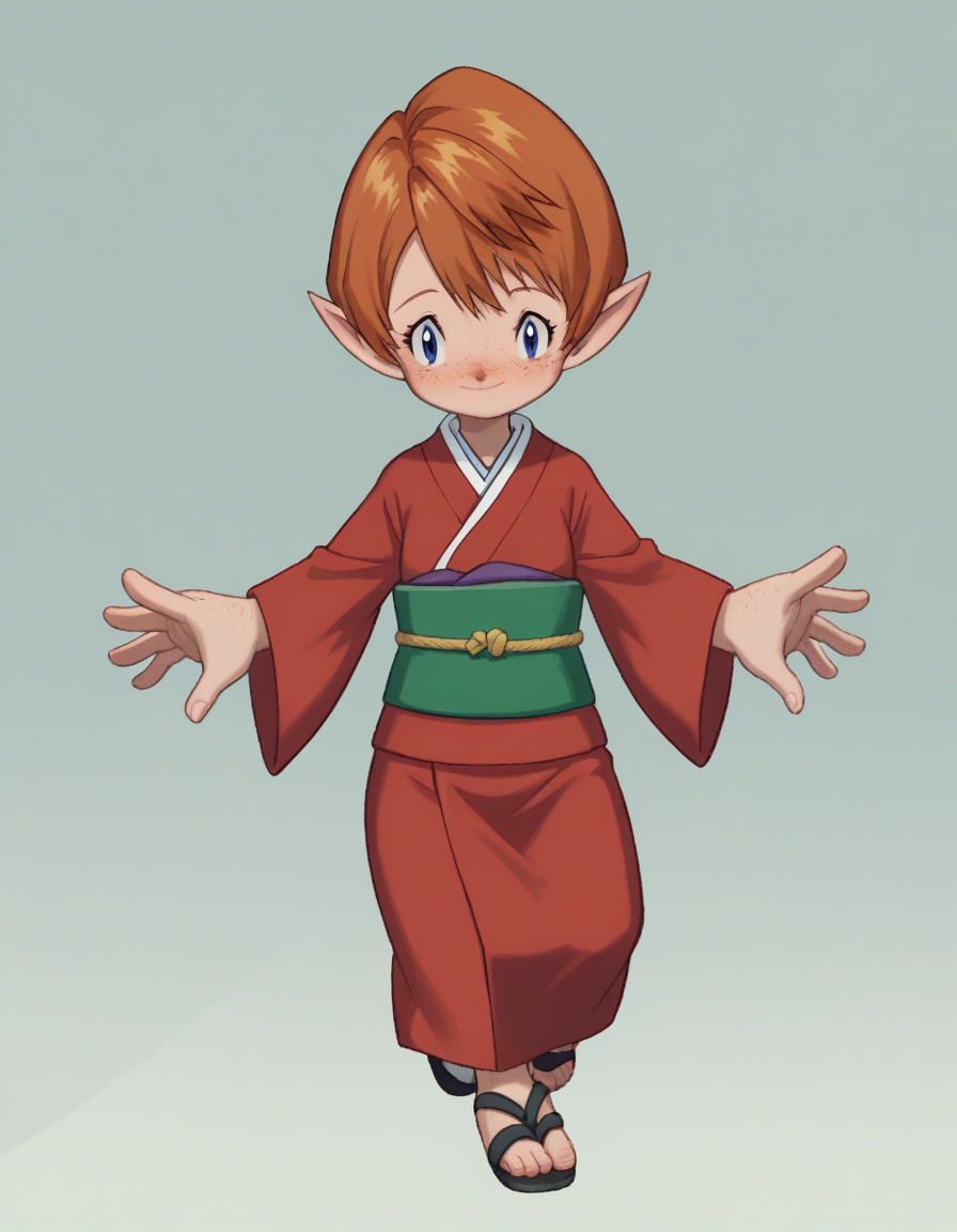 zPDXL, score_9, score_8_up, score_7_up, source_anime,
<lora:Digimon_v2-15:1> digimon, <lora:Popipi_v1:0.8> popipi, lalafell, blue eyes, dark nose, freckles, orange hair, short hair, pointy ears,, light smile, outstretched_leg, geisha wearing a stunning komon kimono with small repeating patterns and understated elegance, adorned with motifs of nature and seasons, elaborate red beni lipstick, silk obidome brooch with gemstones and pearls, fastened to the obi sash as a decorative accent,