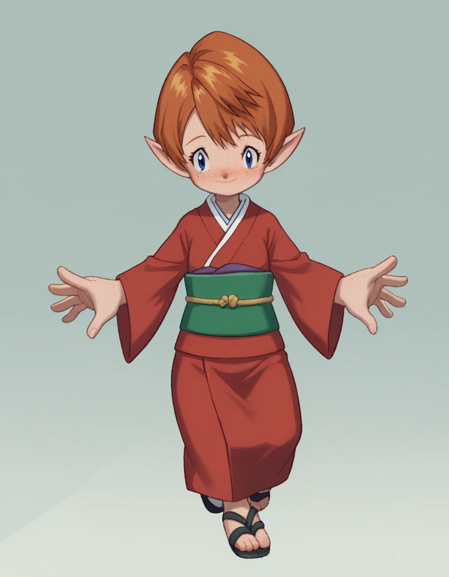 zPDXL, score_9, score_8_up, score_7_up, source_anime,
<lora:Digimon_v2-15:1> digimon, <lora:Popipi_v1:0.8> popipi, lalafell, blue eyes, dark nose, freckles, orange hair, short hair, pointy ears,, light smile, outstretched_leg, geisha wearing a stunning komon kimono with small repeating patterns and understated elegance, adorned with motifs of nature and seasons, elaborate red beni lipstick, silk obidome brooch with gemstones and pearls, fastened to the obi sash as a decorative accent,
