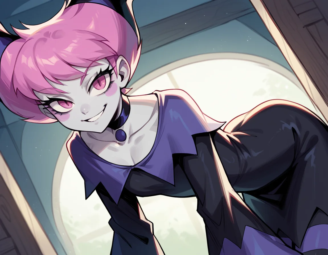 score_9, score_8_up, score_7_up, source_anime, <lora:jinx-dc-ponyxl-lora-nochekaiser_r1:1>, jinx, jinx (dc), colored skin, grey skin, hair horns, pink eyes, pink hair,, choker, long sleeves, pantyhose, striped clothes, striped pantyhose, black dress, wide sleeves, collarbone,, indoors, bent over, smile, smug, looking at viewer, solo,, cowboy shot, dutch angle