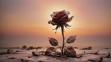 Worn love letter, single withered rose, precisely depicted, interaction of crimson sunset and rose, aged parchment and desiccated bloom, faded ink tells tales of yesteryears, the rose's silhouette against the backdrop of a deepening red sky, delicate dance of the evening light on the petal's edges, poignant reminder of time's relentless march, the quiet beauty of love's remnants, the sunset's glow breathing life into the scene, stark contrast of enduring love against the inevitable fade, a moment frozen in the amber hues of twilight, contrasting shadows, (((masterpiece, Extreme quality:1.5))), (ultra high res:1.2), ((photorealistic:1.2)), (intricate and beautiful:1.2), (detailed light:1.2), ultra-sharp focus, RAW photo, Hyper-realistic, 8K uhd, dslr, tyndall effect, Bokeh, taken by Fuji film XT3, taken by Canon EOS, <lora:Gloom:0.4> <lora:Chenorbyl_v1:0.6><lora:Old_Style_SDXL:0.7> <lora:ì ëëí
ì¼:1>