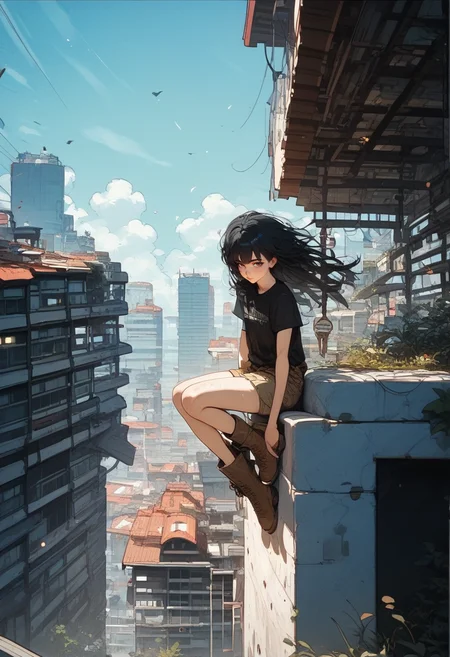 score_9, score_8_up, score_7_up, score_6_up, score_5_up, score_4_up, source_anime, (1girl, solo:1.1), 18yo, (slim face:1.5), (bangs:1.2), skinny, wide hips, thin thighs,
<lora:age_slider_v4:2> <lora:Expressive_H:1><lora:Kenva:1> <lora:naipf:0.6>
(full body:1.5), black hair, long hair, brown eyes, looking at viewer, sitting on top of very hight building at down town, smile, shirt, cargo pants, work boots, short sleeves, black shirt, outdoors, wind, building, scenery, power lines, sign, (from above:1.5), day