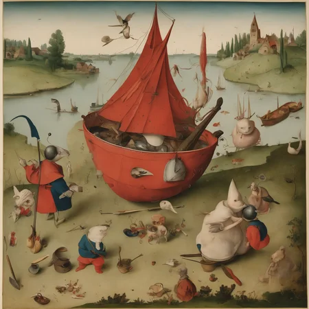 a large, oversized ear with a knife protruding from it. Below the ear, there's a boat with a face, and inside it, there are various figures engaged in different activities. To the right, there's a large red teapot with a bird perched on it, bosch