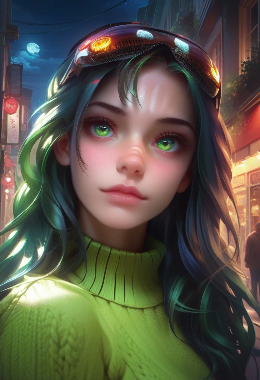 score_9, score_8_up, score_7_up, score_6_up, DemonLordDante, 1girl, solo, detailed face, detailed eyes, night, street, sweater, close up face, black long hair, green eyes, make up,
