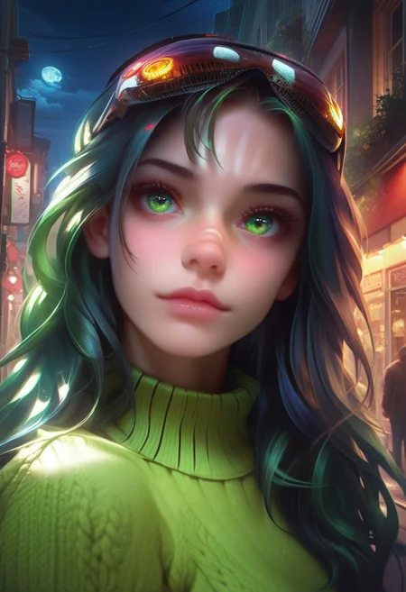 score_9, score_8_up, score_7_up, score_6_up, DemonLordDante, 1girl, solo, detailed face, detailed eyes, night, street, sweater, close up face, black long hair, green eyes, make up,