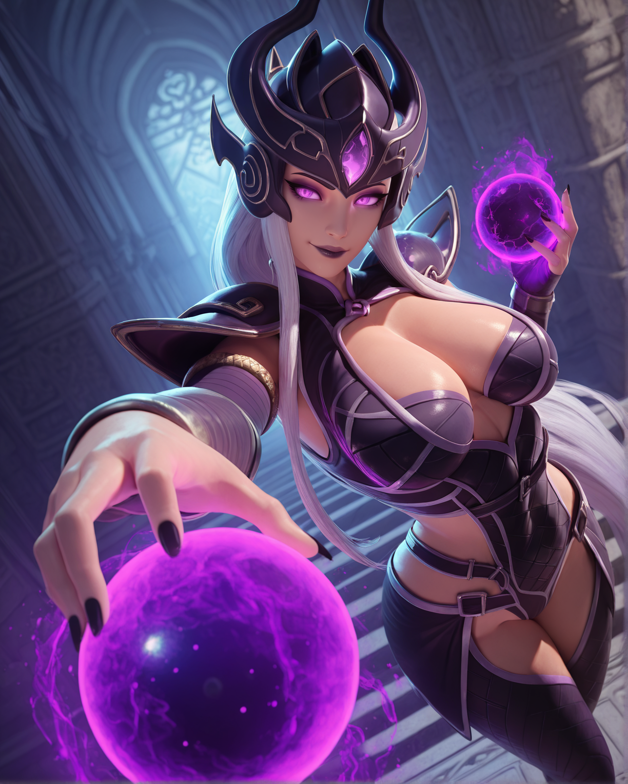 masterpiece, best quality, 3d, realistic,1girl, syndra, multiple void spheres, large purple glowing magic orbs, purple glowing eyes, black long nails, perspective, dutch angle, posing<lora:ForceballfxIL:1>