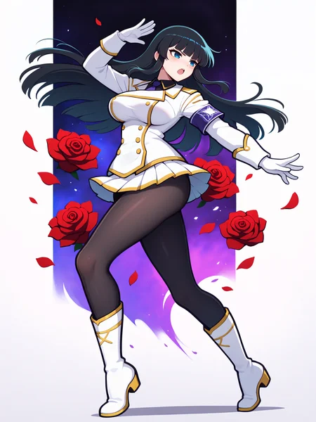 masterpiece, best quality, amazing quality, by asukaln
(solo:1.4), Ikaruga_IL, long black hair, blunt bangs, hime cut, dark blue eyes, large breasts, Ikaruga_Shinobi, white military uniform, golden buttons, golden epaulettes, black shirt, purple tie, long sleeves, armband, white gloves, white pleated skirt, black pantyhose, white knee boots
dancing, full body, flower, red flower, red rose, rose, abstract background, white background, petals, swirling, abstract art, (dynamic angle:0.3), expressive face, expressive eyes, (oil painting:1.2), floating hair, absurdres, newest, scenery, volumetric lighting
<lora:Mystyle_SDXL_LoCon_DORA_v2:1>
<lora:SK_Ikaruga_IL:0.8>