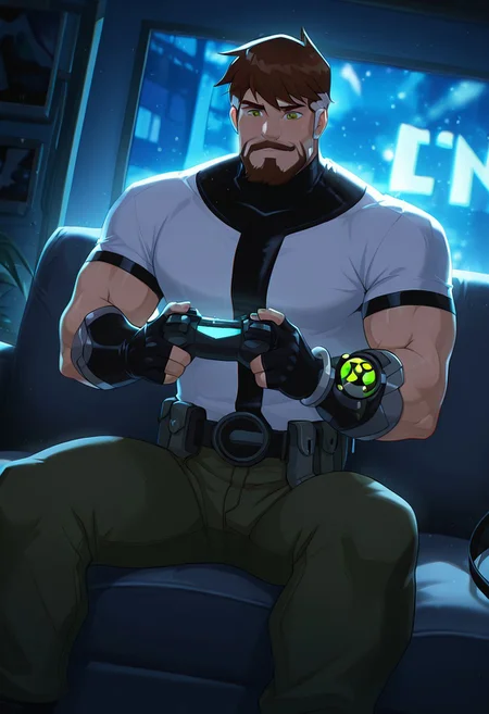 masterpiece, best quality, amazing quality, very aesthetic, absurdres, newest,,
  ben10k, brown hair, male focus, facial hair, beard, short hair, mustache, mature male, muscular, green eyes, white shirt,, utility belt, turtle neck,  full facial hair,, two-tone hair, black gauntlet on right arm, fingerless gloves, strip on shirt,
playing video games, night time, tv, controller, couch, gamer headset, dirt living room