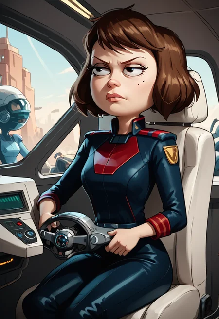 score_9, score_8_up, score_8, <lora:Tamantha_Guterman_aka._Tammy_Rick_and_Morty_for_PonyXL:0.8> 1girl, t4mmy, brown hair, short hair, sitting in cockpit, window, scowl, uniform, spaceship,