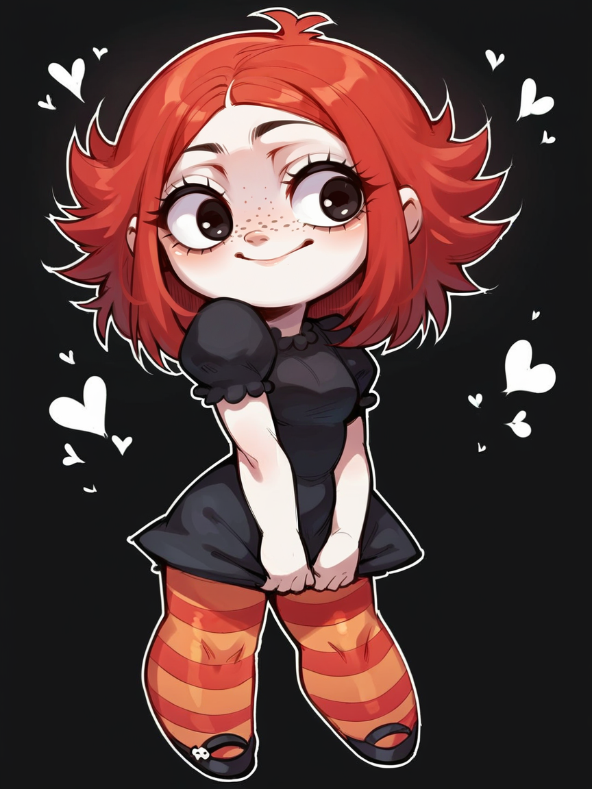 score_9, score_8_up, score_7_up, score_6_up, score_5_up,   <lora:RubyGXLP_r1:1> rubyg, red hair, 1girl, freckles, solo, striped pantyhose, dress, curvy, black background, heart