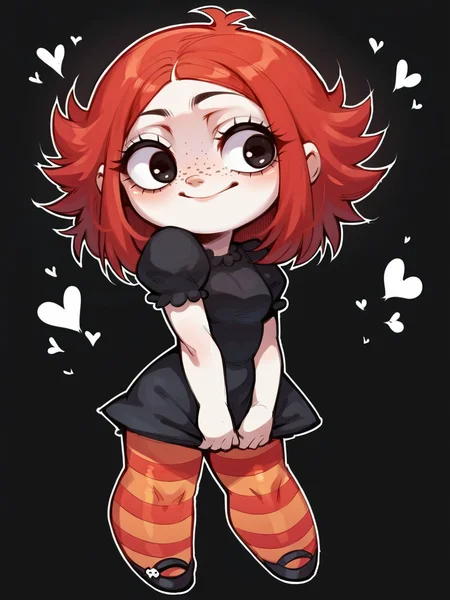 score_9, score_8_up, score_7_up, score_6_up, score_5_up, <lora:RubyGXLP_r1:1> rubyg, red hair, 1girl, freckles, solo, striped pantyhose, dress, curvy, black background, heart