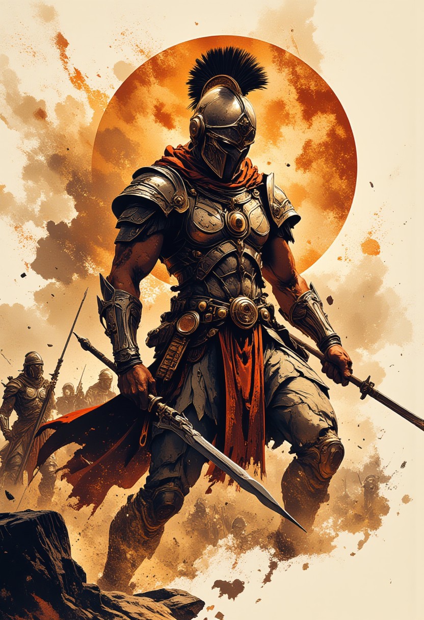 In the style of ff-td, Inkplash art on rice paper, sepia, henna , Silhouette Art, magnificent, inksplash poster art,  warrior woman in bronze age Greek armour, thrusting a spear towards the viewer, dynamic image, abstract battlefield background