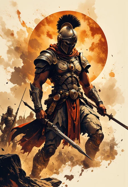 In the style of ff-td, Inkplash art on rice paper, sepia, henna , Silhouette Art, magnificent, inksplash poster art,  warrior woman in bronze age Greek armour, thrusting a spear towards the viewer, dynamic image, abstract battlefield background