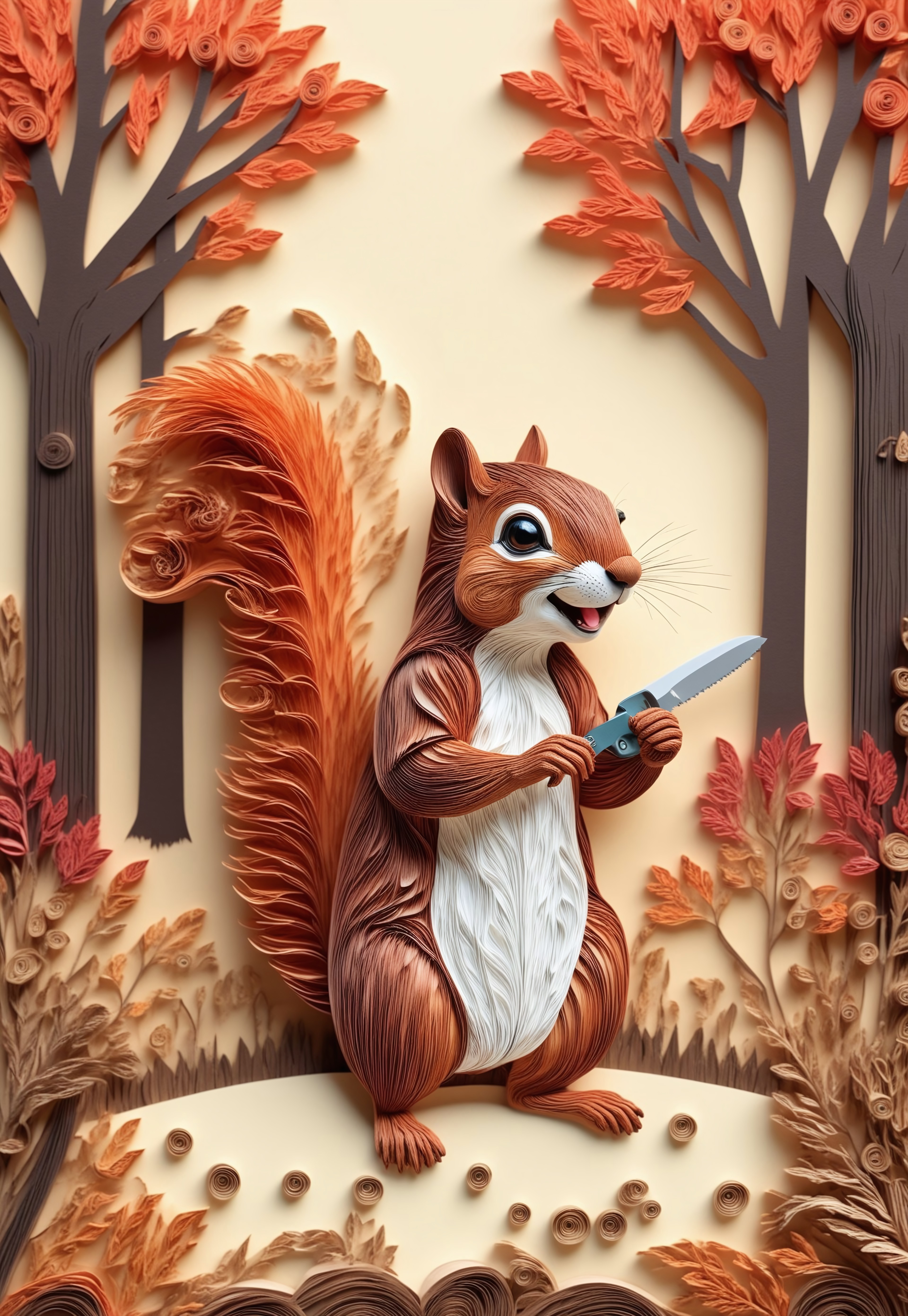 Paper quilling, layered paper. (A squirrel holding a tiny paper chainsaw, angrily facing off against a stubbornly quilled walnut). (Background: a forest scene with other squirrels watching in awe).

4k, high quality, masterpiece, 
