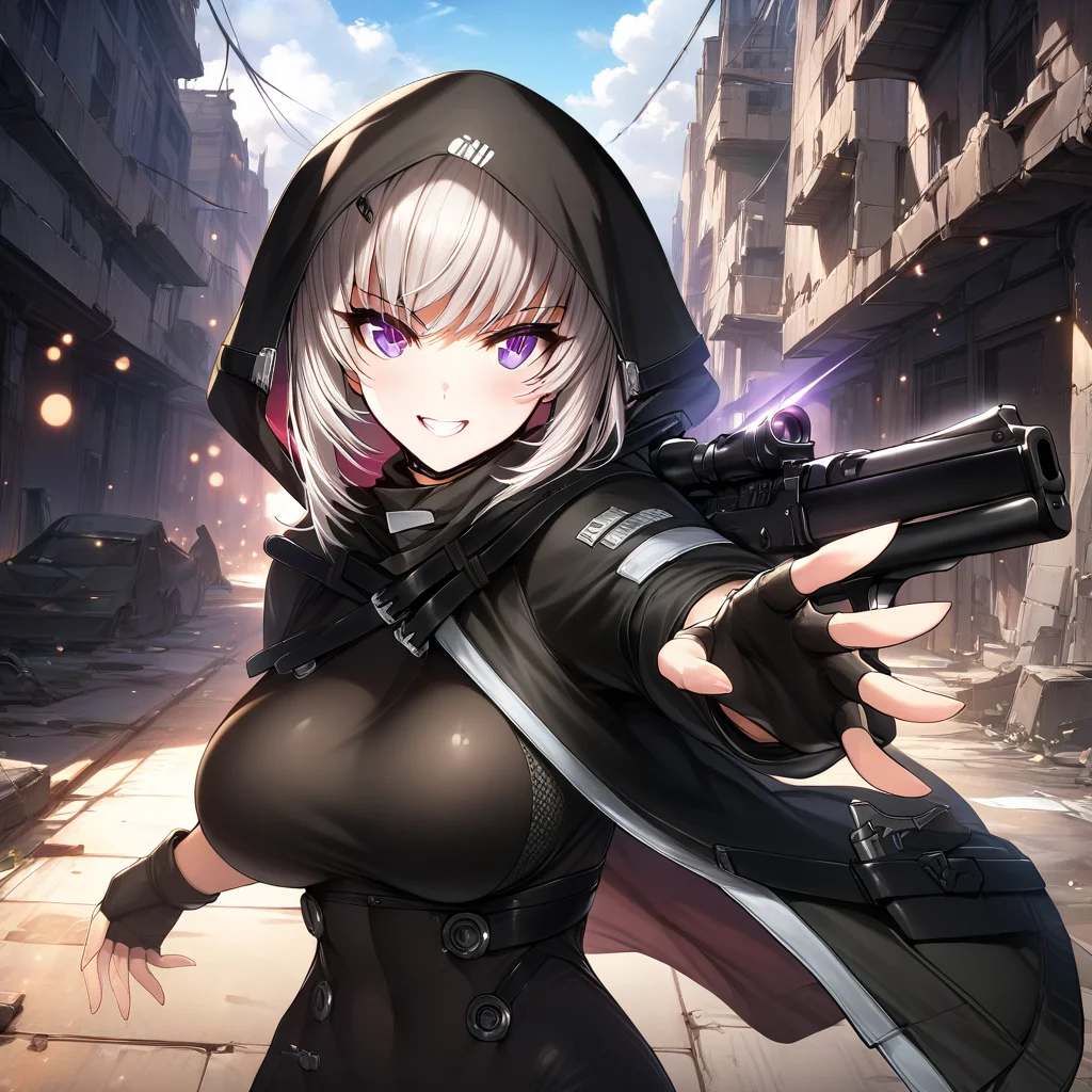 (masterpiece),(best quality),(ultra-detailed),(best illustration),(best shadow),(absurdres),(detailed background),(very aesthetic),warm lighting, 1girl, solo, seo_yoon, white hair, purple eyes, grin, teeth, large breasts, upper body view, fingerless glove, leaning forward, black suit, ruined city, one hand reaching out, flying guns, flying rifles, aiming at viewer, looking at viewer, skin suit, open mouth, covered head, <lora:XL-ASeoYoonv1a:1>