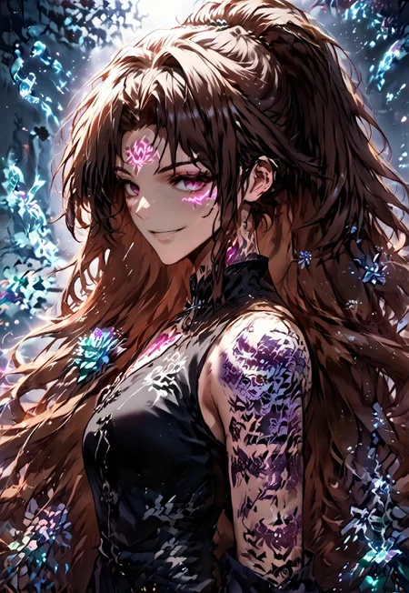 score_9_up, score_8_up, score_7_up, Anime_source, 1girl, Manhwa-Artstyle, Glowing tattoo, shoulder tattoo, flower tattoo, from side, upper body, looking at viewer, smile, black hair, long hair, ponytail, brown hair,