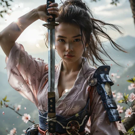 score_9, score_8_up, score_7_up, score_6_up, score_5_up, score_4_up, zPDXL3, zPDXLrl, beautiful cute samurai girl with sleek black hair, bandana, Asian, Japanese, oriental, cute face, intricate, ponytail, close up, <lora:PerfectEyesXL:0.85>, perfecteyes, brown eyes, disciplined, highly detailed, katana sword, arm up unsheathing sword, sword gleaming in the sunlight, lens flare, samurai detailed armour, Japanese style, small breasts, (cleavage), feudal Japan, sashimono, shogun, honourable, ((cherry blossoms:0.4)), perfect blossom, windswept, masterpiece, sunrise lighting, finely detailed focused eyes, HDR, 4k, hyper-realistic, high definition, realistic skin, skin pores, detailed skin, deep skin, ((portrait photography:1.1)), close up photography, <lora:zy_Realism_Enhancer_v1:0.6>