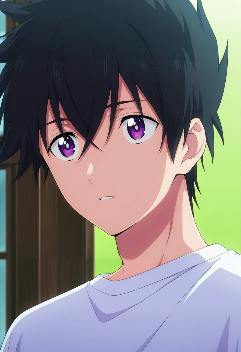 masterpiece, best quality, , anime screencap, , official style,, 1boy, solo, male focus, <lora:ryuunosuke_minakata_ilxl:0.92>, ryuunosuke_minakata, black hair, purple eyes, short hair, bangs, hair between eyes,