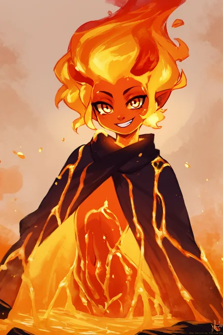 score_9, score_8_up, score_8, BREAK, , zzLavaGirl, black scales, colored skin, monster girl, orange skin, fire, fiery hair, red skin, molten rock, red hair, <lora:Lava_Girl_PDXL:1.0>, , BREAK, smile, looking at viewer, cowboy shot, ,,, embedding:zPDXL, Expressiveh, ,,, <lora:Zankuro_Style_PDXL:0.8> <lora:SDXLFaeTastic2400:0.5>, <lora:Expressive_H-000001:0.4>,
