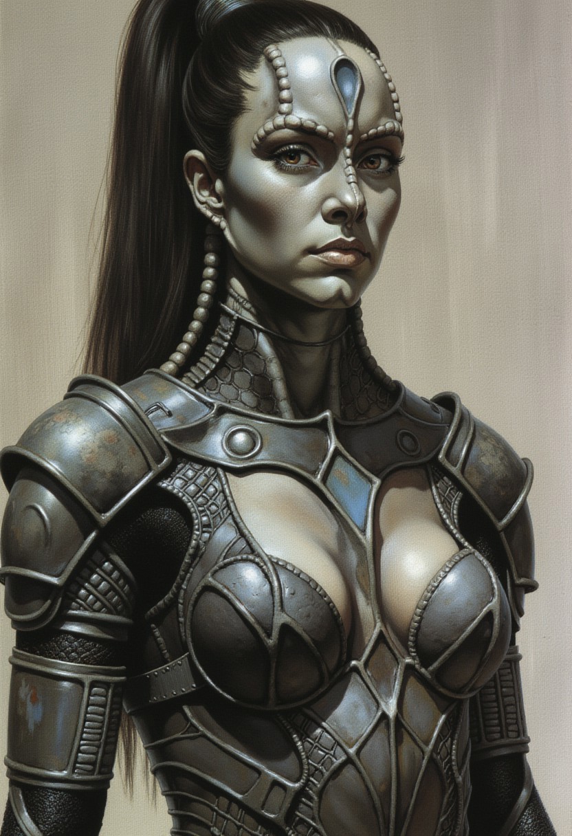 frank frazetta dark fantasy oil painting of a young female Cardassian alien with gray skin, forehead crest, neck ridges and scales, wearing heavy sci-fi battle armor