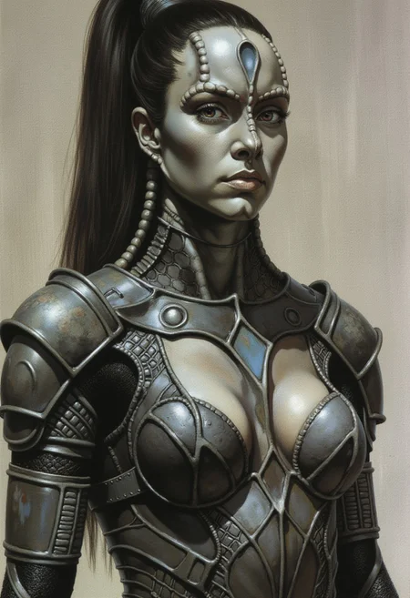 frank frazetta dark fantasy oil painting of a young female Cardassian alien with gray skin, forehead crest, neck ridges and scales, wearing heavy sci-fi battle armor