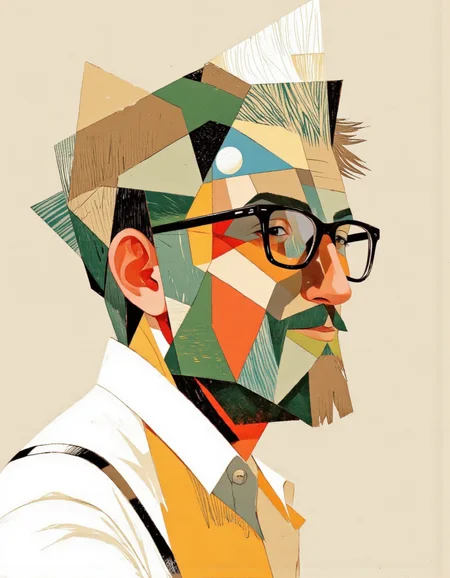 Art by Riccardo Guasco. A digital illustration shoot from a profile camera angle about a stylized portrait of a man with a beard and glasses, featuring geometric shapes and vibrant colors. the image also shows a simple, minimalist background with light beige tones. on the middle of the image, a middle-aged man appears to be j coppi, who is facing the viewer, with his eyes closed and a slight smile. he is wearing a white shirt and has a pair of black-framed glasses perched on his head. the man's hair is styled in a short, spiky manner, with a color-blocked design in shades of green and beige, and he has a beard. his facial expression is neutral, and his eyes are closed, giving him a relaxed and confident look. the overall style is reminiscent of modern art, with bold lines and geometric shapes that create a sense of depth and dimension.