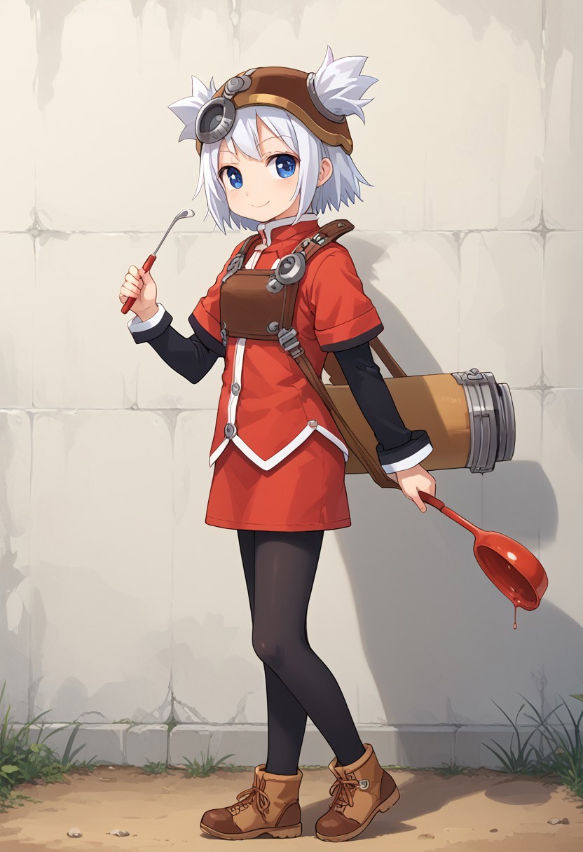 score_8, score_8_up, score_7_up, source_anime, anime screenshot BREAK 1girl, female focus, solo, pratty_scs, white hair, helmet, hair through headwear, two side up, bangs, sidelocks, short hair, blue eyes, Mandarin collar, red jacket, chest guard, red skirt, layered sleeves, short over long sleeves, sleeve cuffs, pantyhose, black pantyhose, ankle boots, brown footwear, holding ladle, ladle, full body, from side, alber_guard, smile, fighting stance